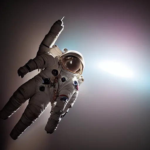 Prompt: photograph of an astronaut lit from 1 8 0 degrees below, against the absolute darkness of space, full body photo,, 8 k