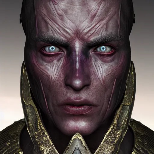 Prompt: hyperrealistic mixed media image of demon daedric prince from skyrim, dark complexion, stunning 3 d render inspired art by greg rutkowski and xiang duan and thomas eakes, perfect facial symmetry, flesh texture, realistic, highly detailed attributes and atmosphere, dim volumetric cinematic lighting, 8 k octane detailed render, post - processing, masterpiece,