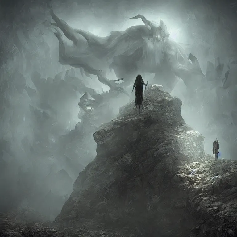 Prompt: a gigantic demon on a cobblestone hard mountain, night, scary, eerie, foggy lighting, rim light, digital art.