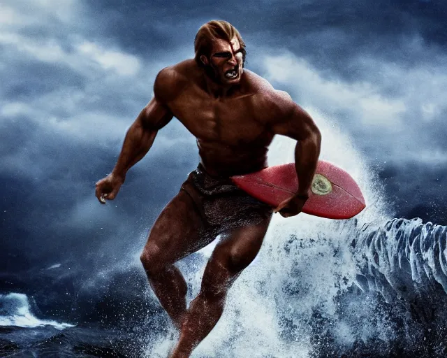 Prompt: single spartan with surfing waves, epic award winning action cinematic still from the movie 3 0 0, 8 k, global illumination, detailed face, muscles, rim highlights, hyper realistic, stunning waves, happy vibes