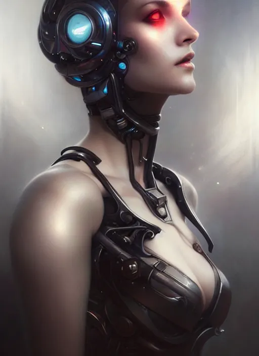 Image similar to a hauntingly beautiful cybernetic woman, painted by artgerm and tom bagshaw, fantasy art, dramatic lighting, highly detailed oil painting
