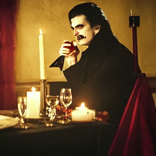Prompt: vampire dressed in black and red formal clothing, with long black hair and a clean shaven face. the vampire is holding a glass of red wine and sitting at an ornate dinner table. cinematic shot, candlelit, ominous, photo.