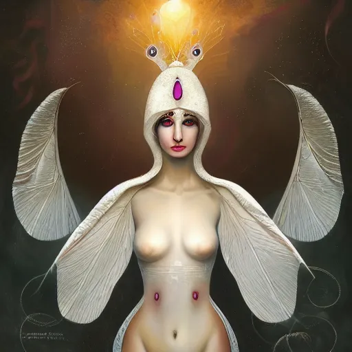 Image similar to beautiful painting of a white moth goddess in her palace in the style of Prateep Kochabua, Leonora Karrington, Welder Wings, Hervé Scott Flament, neosurreal digital art, detailed, trending on Artstation