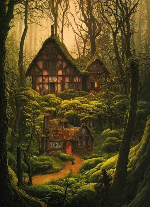 Image similar to hyper realistic witch cottage rococo in the woods gorgeous lighting, highly detailed, lush forest painting by zdzisław beksinski and norman rockwell and greg rutkowskiweta studio, and lucasfilm