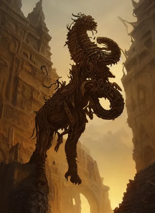 Prompt: golden mammoth in a ruined city, d & d, fantasy, intricate, elegant, highly detailed, digital painting, artstation, concept art, matte, sharp focus, illustration, hearthstone, art by artgerm and greg rutkowski and alphonse mucha