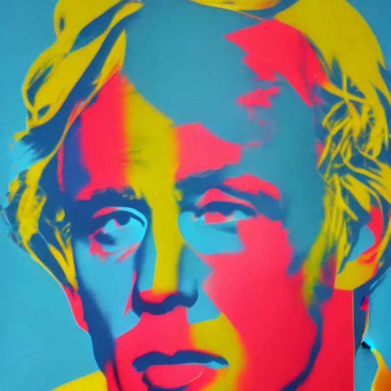 Image similar to Glitch-art portrait of Andy Warhol in style of John Nelson, realistic, 35mm