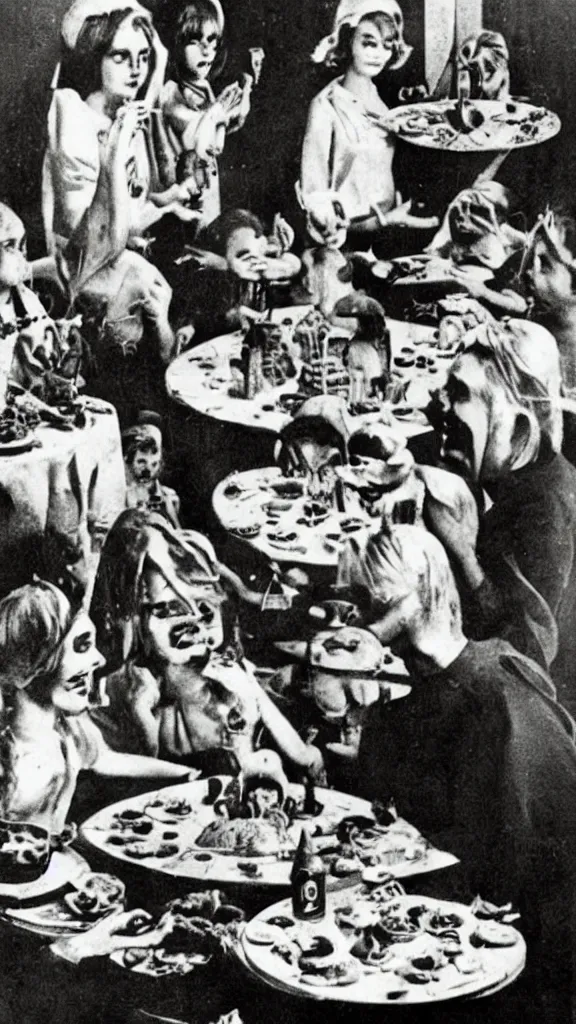 Image similar to occult satanic food ritual, 1 9 6 0 s food magazine photo