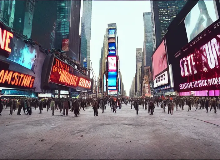 Image similar to film still of post apocalyptic empty time square at midnight, overgrown with wildlife walking through in the new sci - fi movie, 8 k