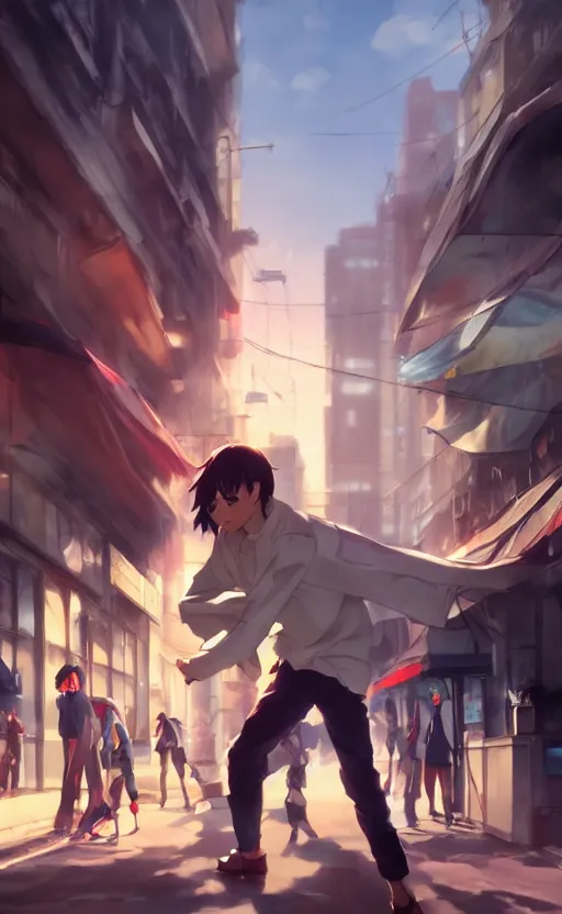 Image similar to a street fight, full shot, atmospheric lighting, detailed faces, by makoto shinkai, stanley artgerm lau, wlop, rossdraws