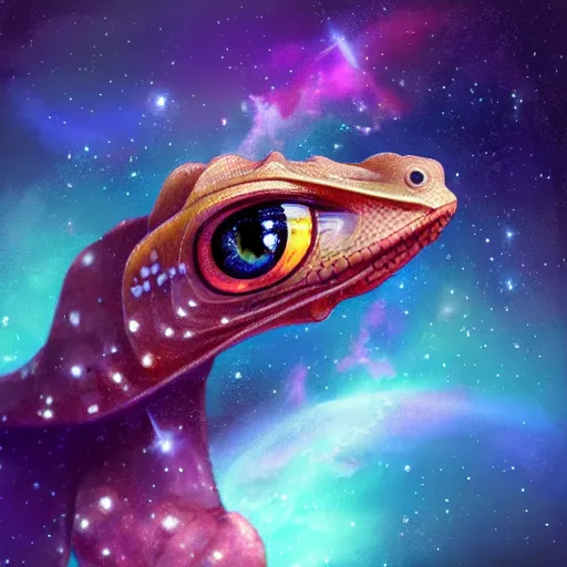 Image similar to geometric gecko with galaxy eyes in space, nebula in the background, intricate, elegant, highly detailed, digital painting, artstation, concept art, smooth, sharp focus, illustration, art by artgerm
