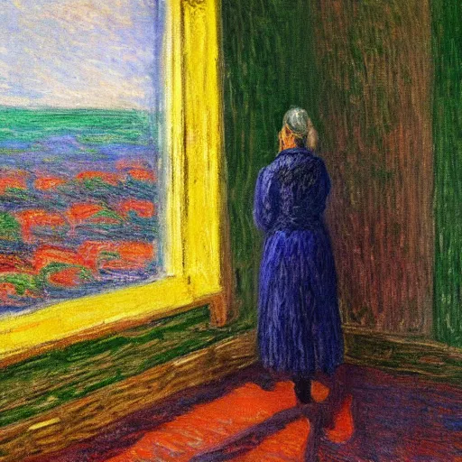 Prompt: painting of the last human on Earth standing watching the end of the world, in the style of Claude Monet and Vincent Van Gogh and Edward Hopper
