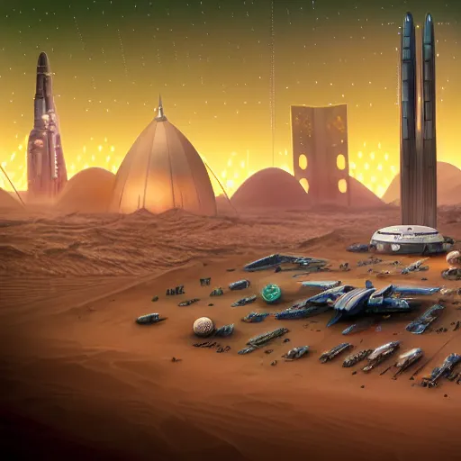 Prompt: Sprawling Tent city with one Tall Military Tower in the center and space ships in the air, Orbiting Space Ships, Stars, High Detailed, Neon, Lights, Blade Runner, Metal, Robotic, Holes, Large Rocks, Sand Storm, Obelisk, Sand Dunes, Desert Planet, War, Star Wars, Warhammer 40k, Retro Futurism, Art Deco, Simon Stålenhag