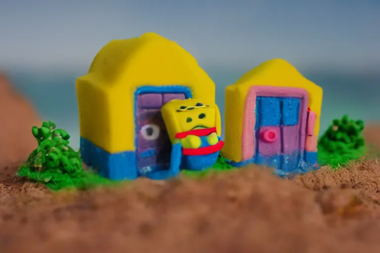 Image similar to miniatures photography of bikini bottom ( spongebob location ), everything has a plasticine sheen