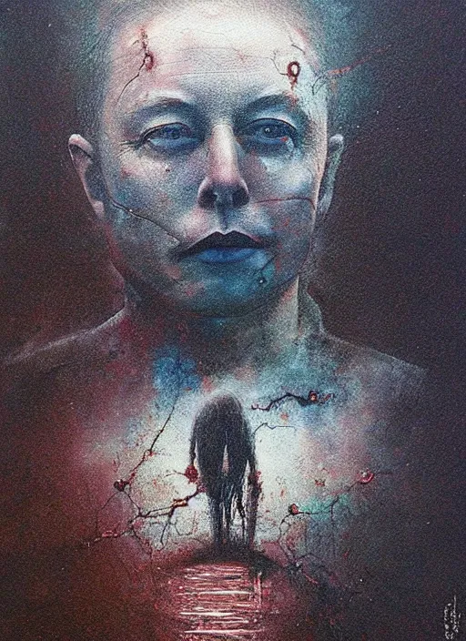 Image similar to A painting of Elon Musk in style of Beksinski. Very detailed