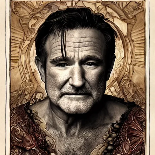 Image similar to an ultradetailed portrait of robin williams dressed as sheogorath, d & d, fantasy, intricate, elegant, highly detailed, digital painting, matte, sharp focus, illustration, art by john collier and albert aublet and krenz cushart and artem demura and alphonse mucha