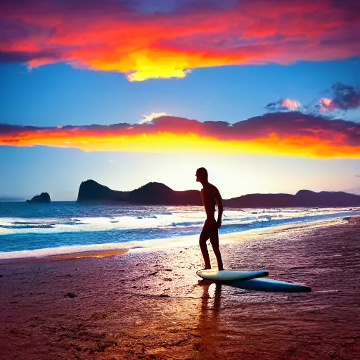 Prompt: a scout boy surfing in Copacabana beach, sunset, photorealistic, great background