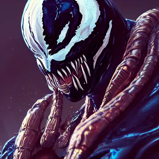 Image similar to Venom portrait by Marcus Whinney Artstation, highly detailed, photorealism, concept art, rpg portrait, cinematic lighting, high contrast, depth of field, futuristic art, golden ratio, rule of thirds, surrealism Unreal engine 5