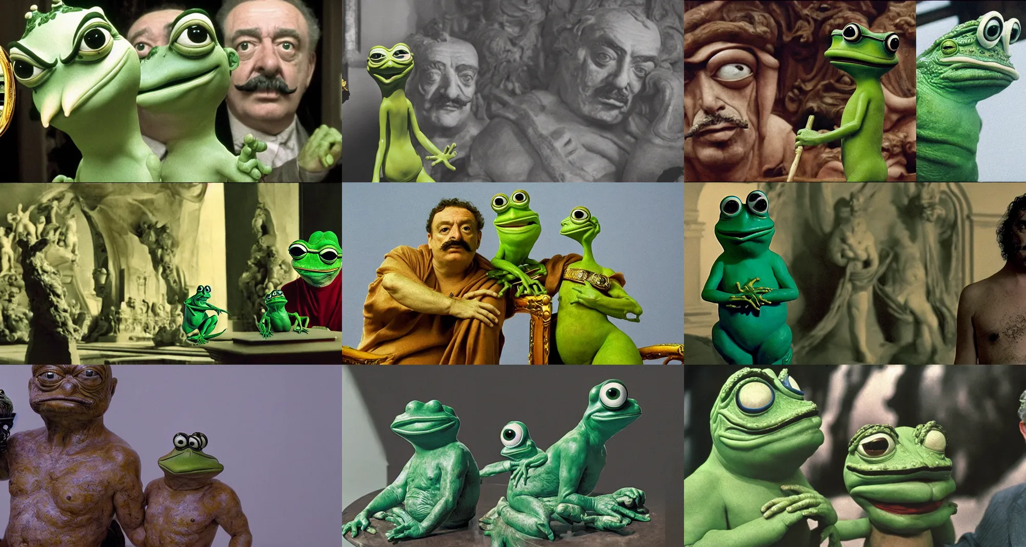 Prompt: the salvador dali as emperor of universe and pepe the frog as statue | still frame from the movie by ridley scott with cinematogrophy of christopher doyle and art direction by hans giger, anamorphic lens, 8 k