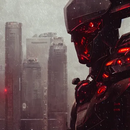 Prompt: An realistic epic fantastic comic book style portrait painting of a mecha warrior machine by WLOP, black and reddish color armor, cyberpunk feel raining at tokyo rooftop, Concept world Art, unreal 5, DAZ, hyperrealistic, octane render, cosplay, RPG portrait, dramatic lighting, rim lights