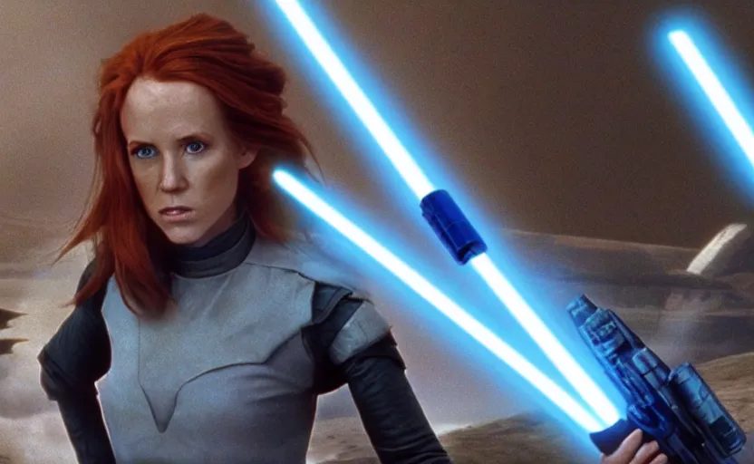 Prompt: screenshot of Jedi Mara Jade, played by Julian Moore, holding a blue lightsaber in right hand, iconic scene from 1980s film by Stanley Kubrick, 4k, windy hair, cinematic still frame, surreal sci fi set design, photoreal, detailed face, moody storm lighting, stunning cinematography, hyper detailed, sharp, anamorphic lenses, kodak color film stock