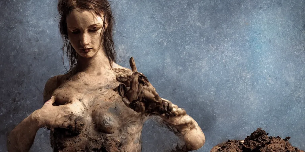 Prompt: highly detailed photography of a woman made of rust clay and wet rocks, hand gesture, sharp focus, dust particles, dirt, dramatic scene, aesthetic, dynamic lighting, elegant, harmony, masterpiece, by roberto ferri, blue background, high quality, spatula