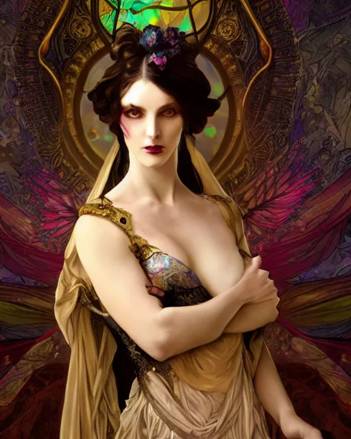 Image similar to wlop and alfons mucha detailed portrait digital rococo painting of a beautiful serious villainess wearing fantasy clothing like liliana vess, villainess has black angel wings, evil mood, hellish battlefield in the background, unreal engine, embers flying, hyper realism, realistic shading, cinematic composition, blender render, octane render, ultrawide shot