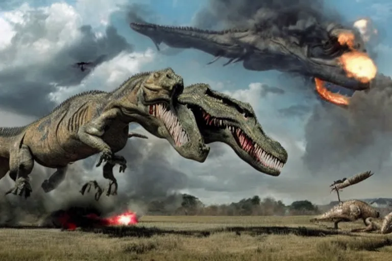 Image similar to the us military attacking an enormous dinosaur, dramatic angle