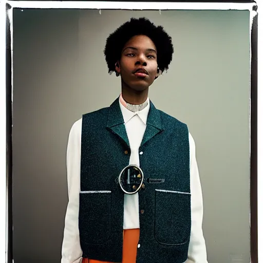 Prompt: realistic photoshooting for a new balenciaga lookbook, color film photography, portrait of a beautiful woman, model is wearing vest, photo in style of tyler mitchell, 3 5 mm,