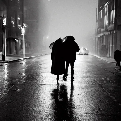 Image similar to A dramatic portrait of a couple wearing yellow rain coat , walking in a black and white street . Cinematic lighting