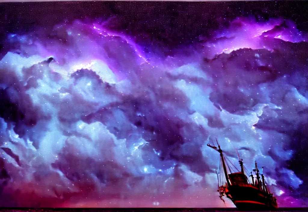 Image similar to purple color lighting storm with stormy sea close up of a pirate ship firing its cannons trippy nebula sky with dramatic clouds painting by Richard Prince Photorealism