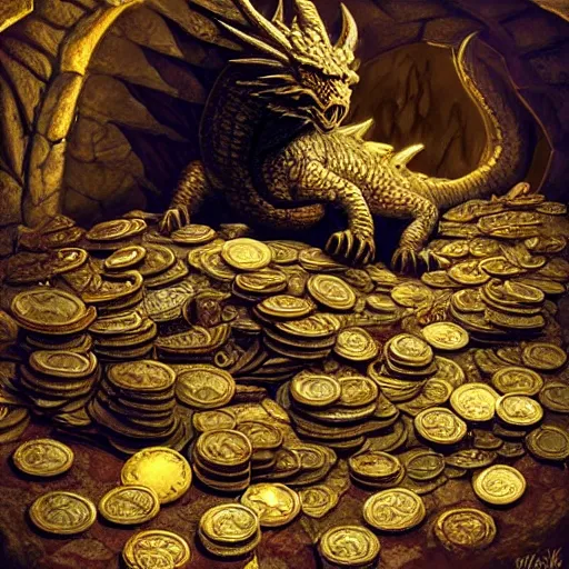 Prompt: a very old dragon laying down on a large pile of coins, treasures, loot, gems, precious stones, rings, in a cave, dark - lit with torches along the walls, with many gold coins, many treasures, piled around, very high detail, 8 k, artstation, art by michael whelan