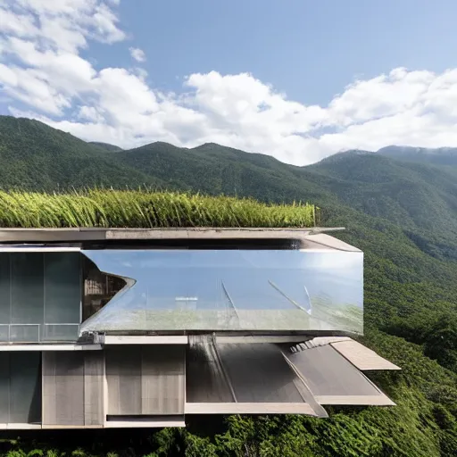 Image similar to a building in a stunning landscape by kengo kuma