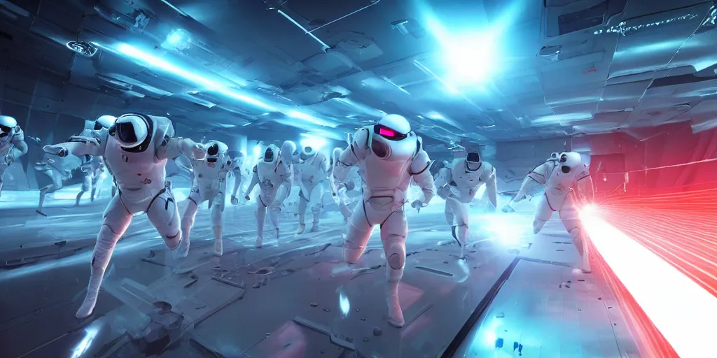 Prompt: futuristic spacemen firing lasers in zero gravity, skintight suits, floating, bright white light, floating white obstacles, surrounded by a laser grid, unreal engine, lensflares, low perspective