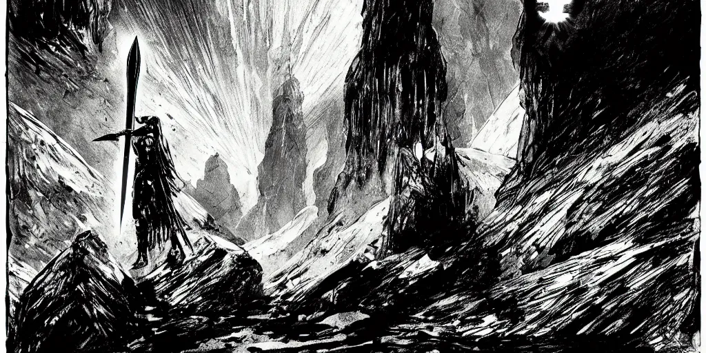 Image similar to a mythical magical sword halfway embedded in a stone radiant light, detailed and intricate environment, digital art, trending on art station kvlt by peder balke by peder balke by guido crepax by norman bluhm mystic high contrast monochromatic noir