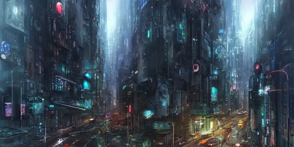 Prompt: rainy futuristic tokyo city with futuristic vehicles and robots, megacity, sci-fi, matte painting, concept art, style by dylan cole