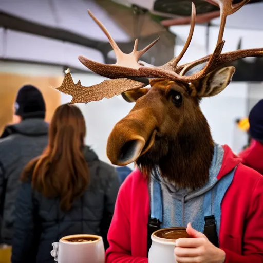 Image similar to a moose with maple leaf antlers selling coffee at a stand, realistic, 8 k