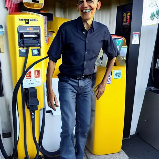 Prompt: barack obama at a gas station, with a fade haircut, wearing ripped jeans, photograph, 4 k