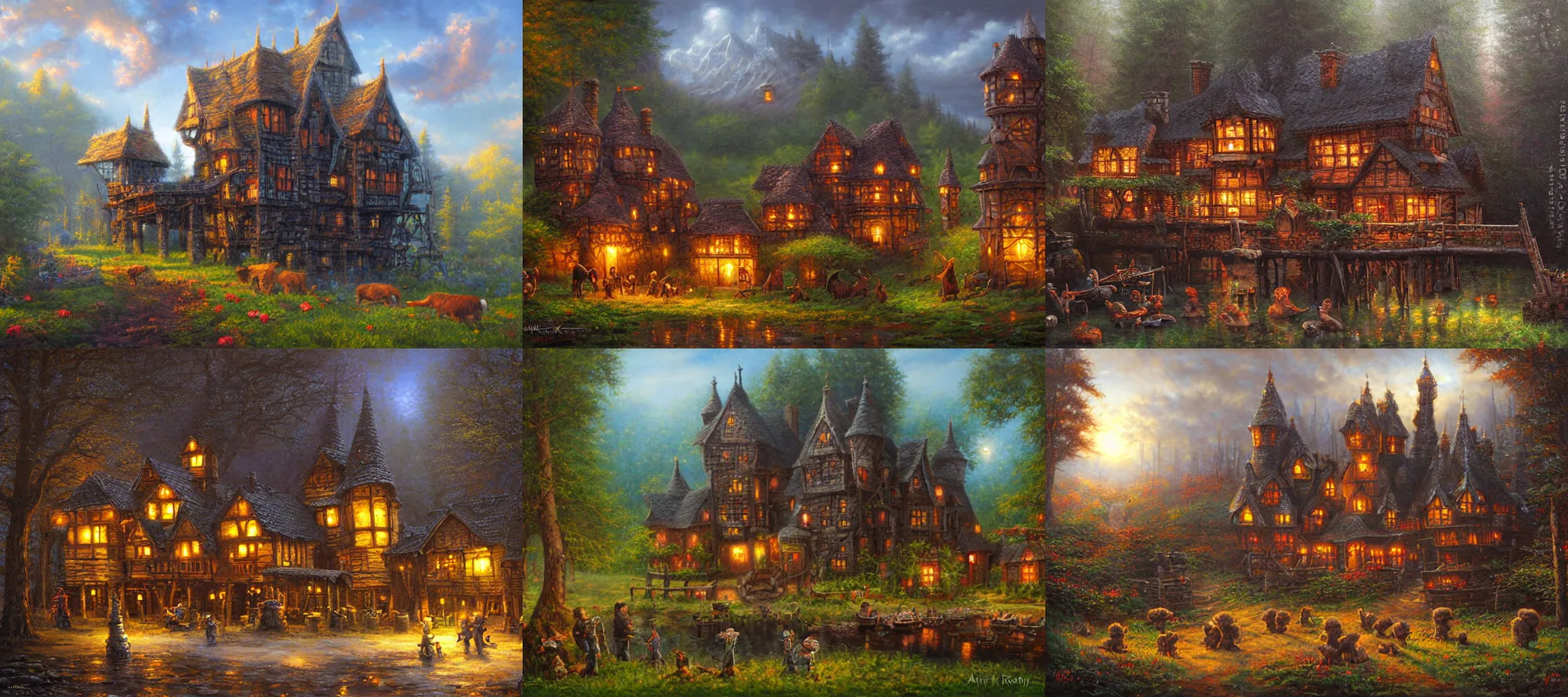 Prompt: little fuzzy black creatures building a wooden castle, Mark Keathley, Andreas Rocha