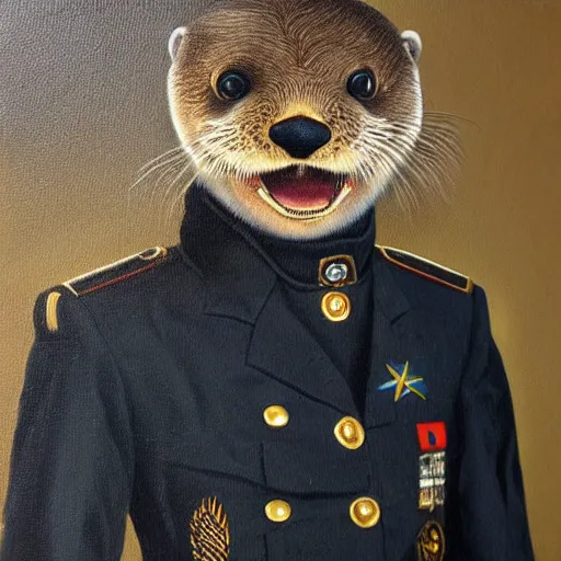 Prompt: oil painting of an anthropomorphic otter in military uniform, amazing detail, hyper realism,