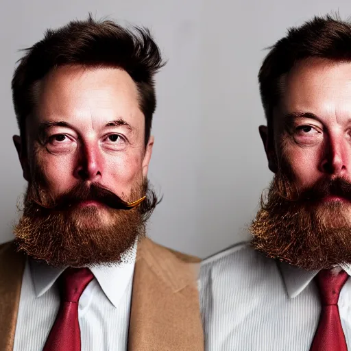 Image similar to elon musk with long mustache and epic beard, 5 0 mm, studio lighting, wes anderson style