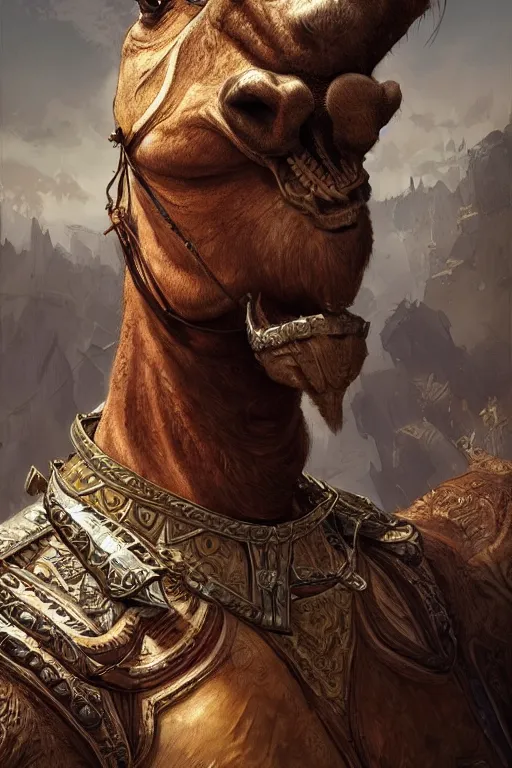 Image similar to ultra realistic illustration, a camel - headed warrior from baldurs gate and diablo, intricate from baldurs gate, elegant, highly detailed, digital painting, artstation, concept art, smooth, sharp focus, illustration, art by artgerm and greg rutkowski and alphonse mucha