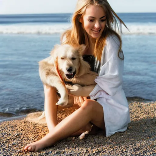 Prompt: blonde girl with a dog sitting by the beach