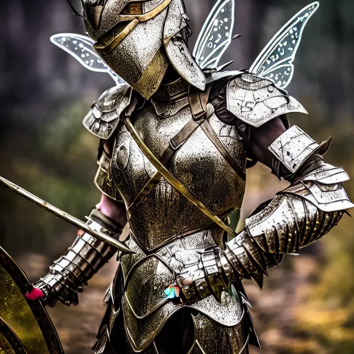 Image similar to full length photo of a fairy warrior wearing sparkling armour, highly detailed, 4 k, hdr, smooth, sharp focus, high resolution, award - winning photo