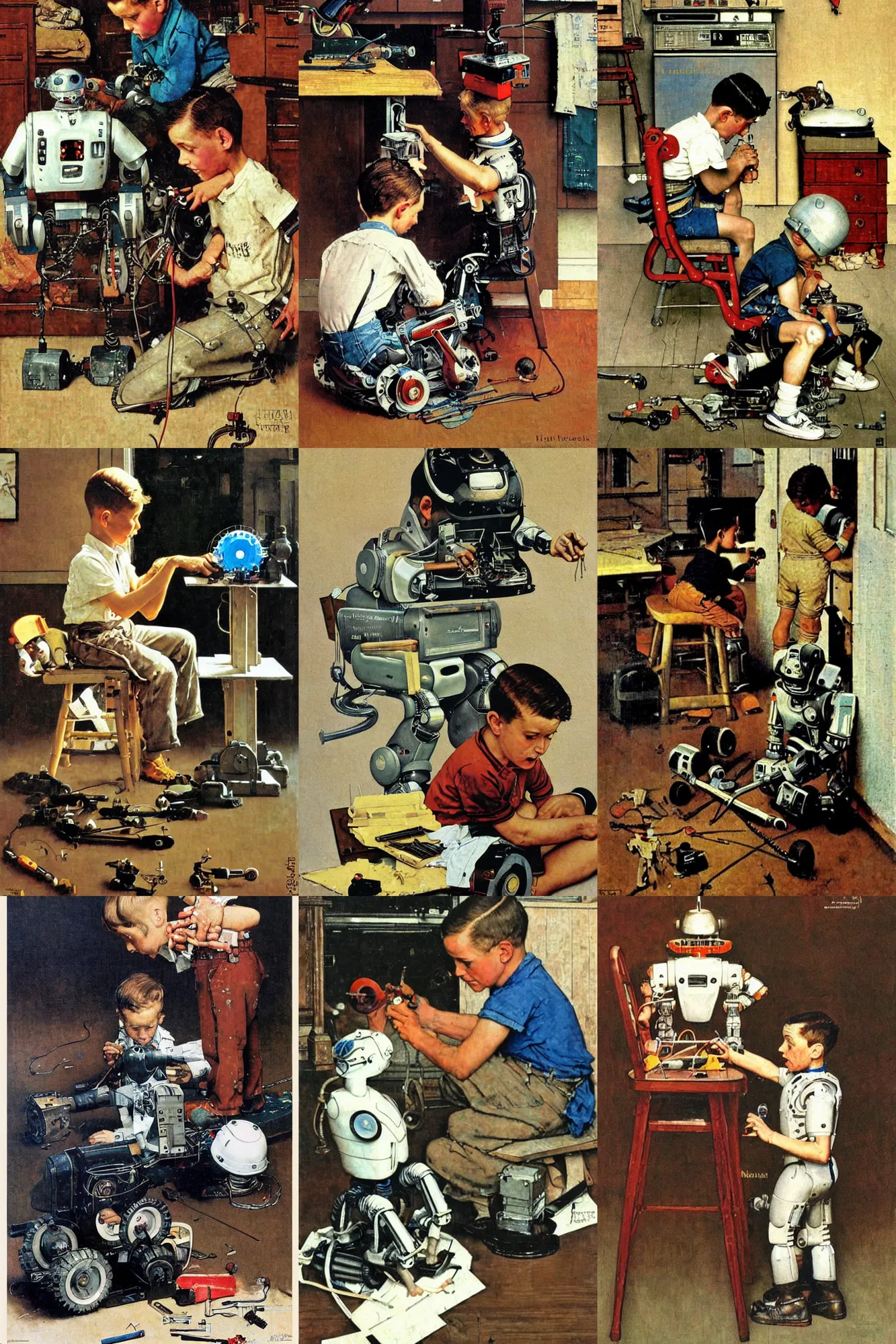 Prompt: a boy fixing his robot, painting by Norman Rockwell,