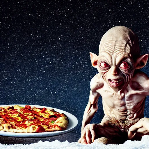 Prompt: Gollum is standing on all four, crouched protectively over his pizza. The pizza is on the snow covered ground beneath him. Gollum is looking straight into the camera and has a fierce look on his face, eyes bulging, mouth snarling. Dramatic backlight, dark sky, nighttime photography, blue hour, ISO1200, 50mm lens, wide shot.