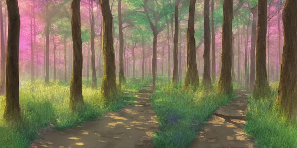 Image similar to path through a wide forest, modern contemporary, lanterns. pastel!! watercolor art, expansive cinematic view, volumetric shading, intricate and detailed, highly saturated colors. by madeon. breath of the wild style, by hayao miyazaki ghibli!!!. pink!! accents. trending on artstation. award winning