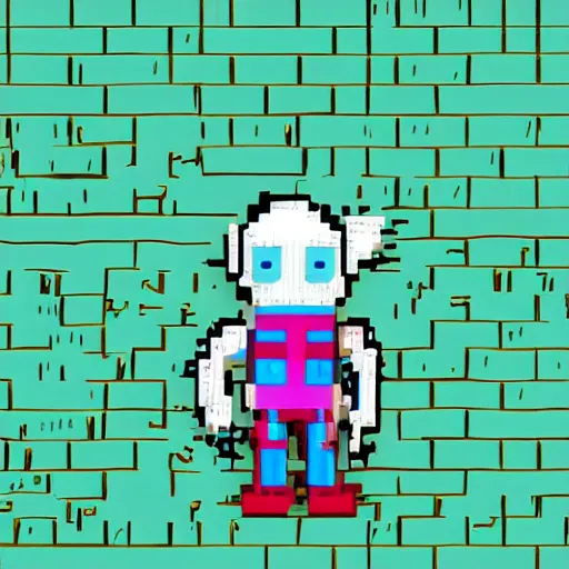 Image similar to blue robot ghost wearing a letterman jacket and genie pants, v mouth, cow lick hair practicing magic in a green slime filled city pixel art wide angle view realistic high detail