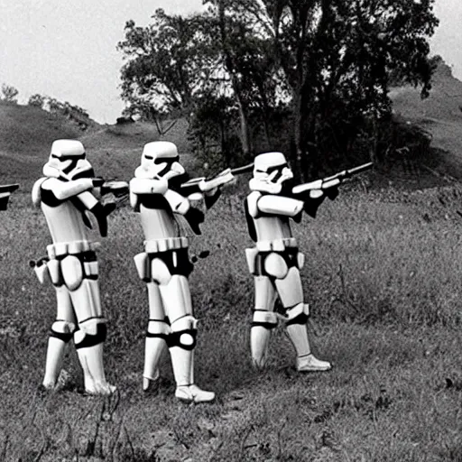 Prompt: star wars clone troopers offer aid to soldiers in vietnam, photo, old picture, lush landscape, field, firearms, war