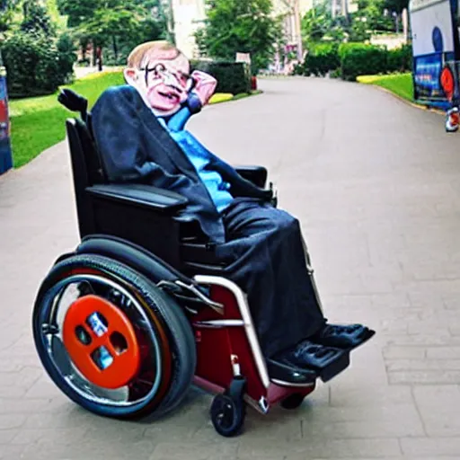 Image similar to stephen hawking in mario cart, in his wheelchair