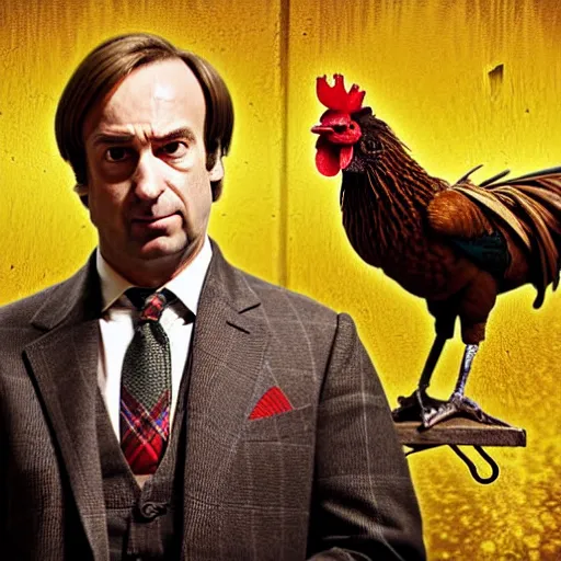 Image similar to saul goodman and a rooster in a medieval torture chamber, saw blades and knives in the background, horror movie, saul goodman, rooster, real life photo, detailed face